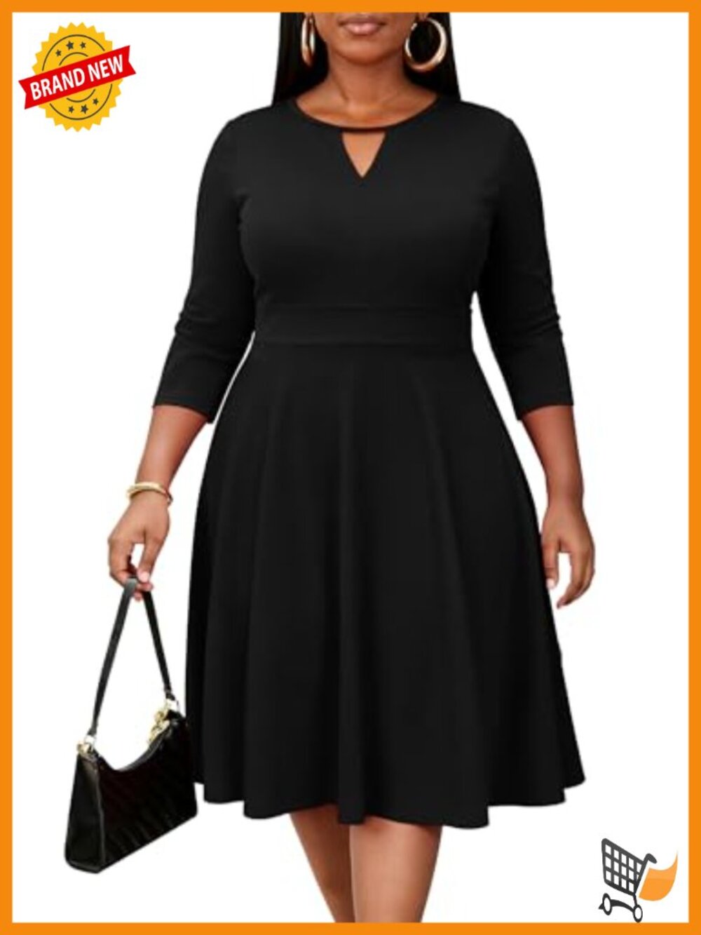 Plus Size Cocktail Dress 3/4 Sleeve Midi Work Crewneck Dress with Pockets
